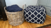 Wicker blanket basket w/ blankets (2) & blue and white ottoman poof