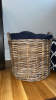 Wicker blanket basket w/ blankets (2) & blue and white ottoman poof - 2