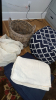 Wicker blanket basket w/ blankets (2) & blue and white ottoman poof - 10