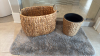 Grey Bathroom Rug, Wicker Towel Basket & Wicker Trash Bin