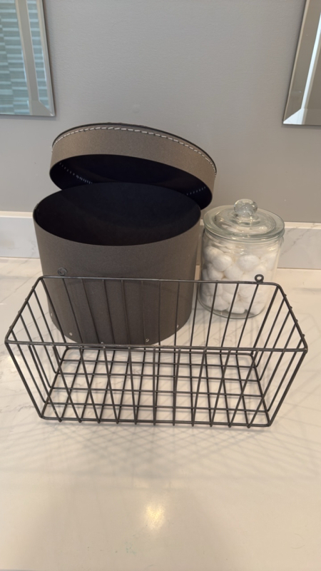 Metal Basket, Brown Circular Storage Bin & Glass Jar w/ Lid
