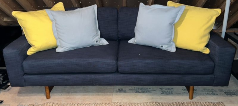 West Elm Charcoal Grey Eddy Sofa With RL and Hilfiger Throw Pillows