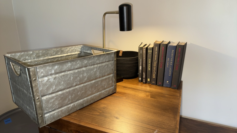 Home Decor, Table Lamp, Books, Bin