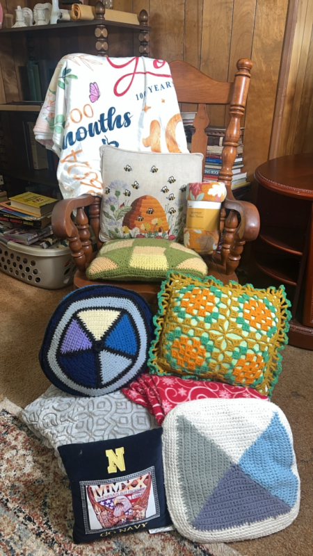 Wooden Rocking Chair w/ Crochet Pillows & Throws