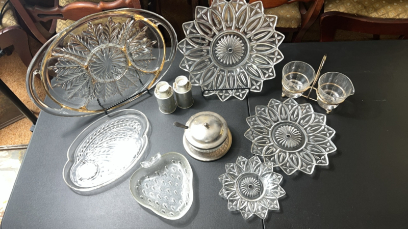 Glass Trays & Silver Plated Sugar Dish