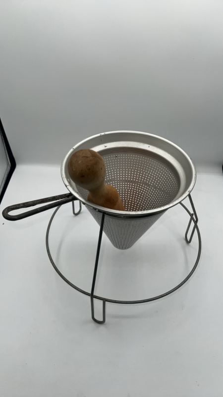 1960's Aluminum Cone Sieve Colander Strainer & Pestle Set w/ Steel Rack