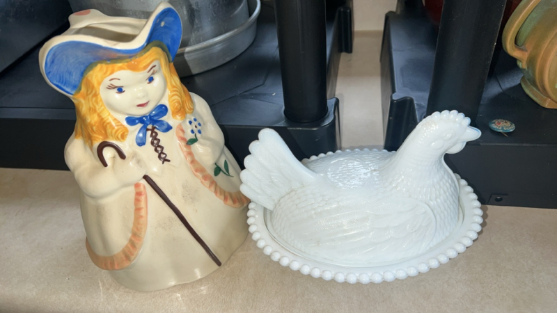 Milk Glass Nesting Hen Candy Dish & Bo Peep Pitcher