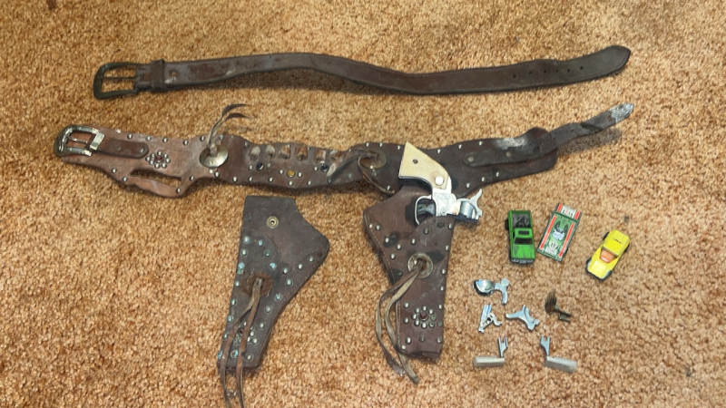 Antique Cap Gun & Holsters w/ Belts & Vintage Metal Toy Cars