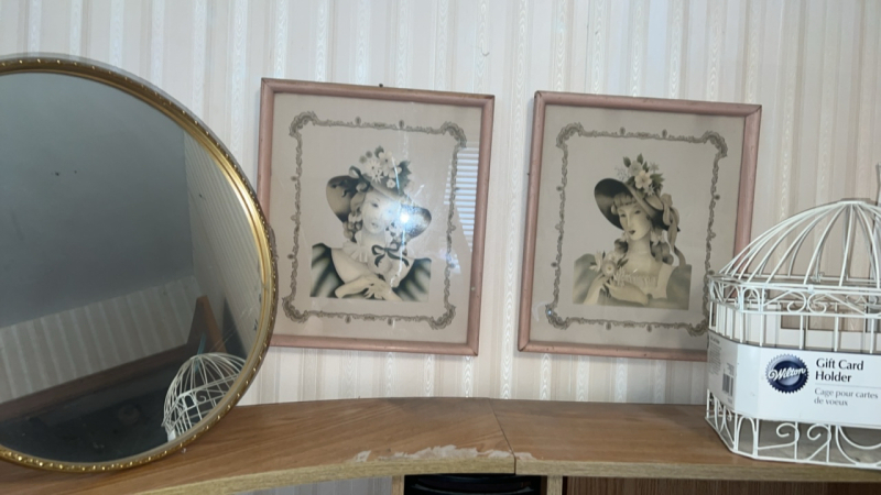 Vintage 1920s French Lady Lithographs (2) w/ Circular Mirror