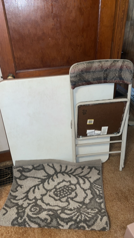 Square folding table, folding chair & area rug