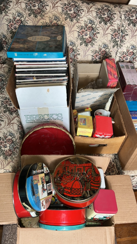 Vintage Collectible Tins, Christmas Books & Decor. Wrapping paper and ribbons included