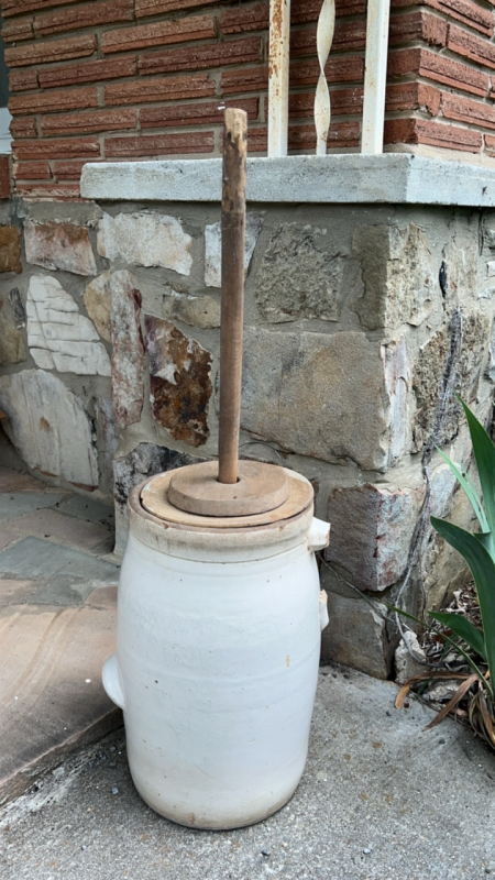 Antique Stoneware 5 Gallon Crock & Wooden Plunger