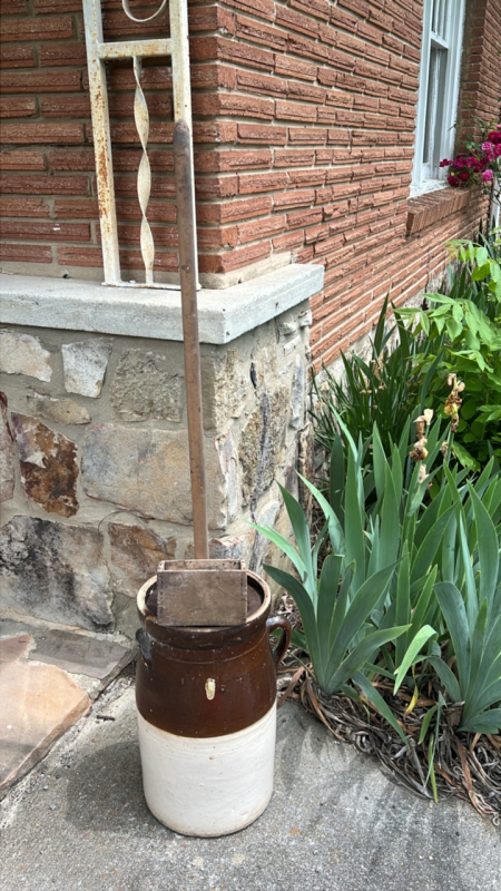 Antique Stoneware 3 Gallon Crock & Wooden Plunger
