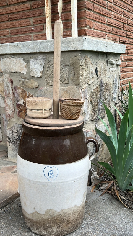 Antique Stoneware 6 Gallon Crock & Wooden Paddle