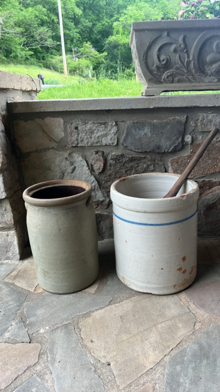 Antique Stoneware Crocks & Wooden Paddle