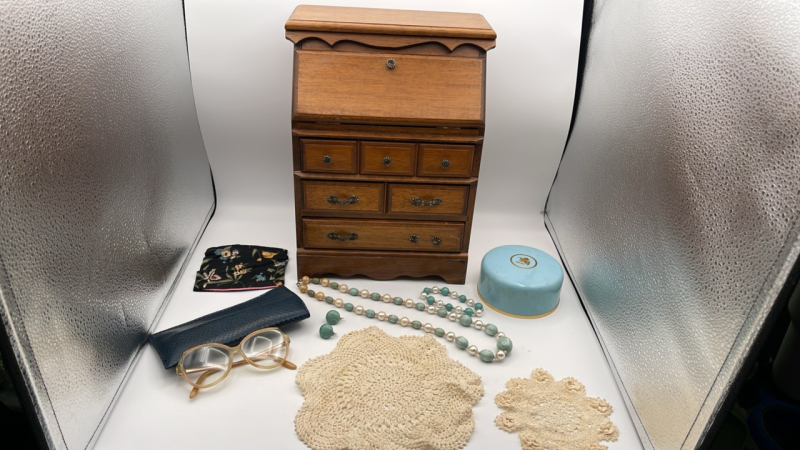 Vintage Necklace, Doilies & Mini Secretary Desk Style Jewelry Box