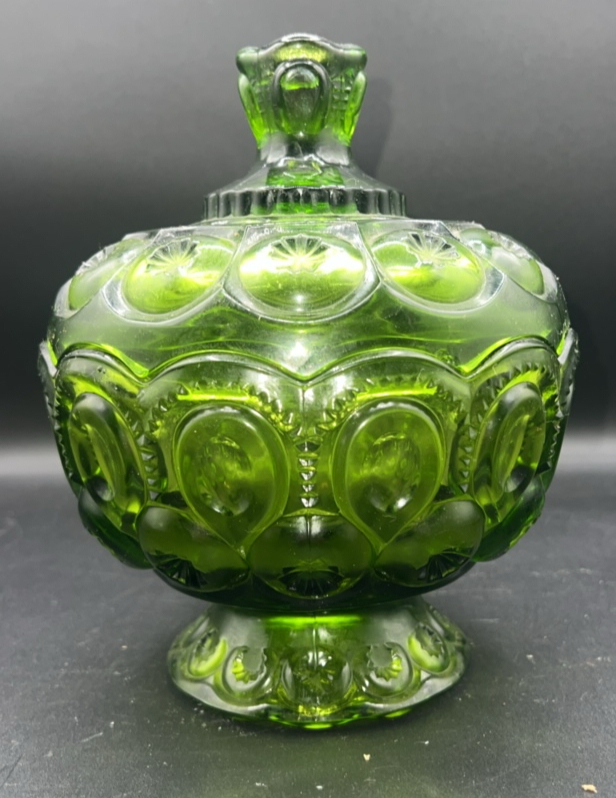 Moon & Stars Green Glass Compote Pedestal Covered Bowl Candy Dish