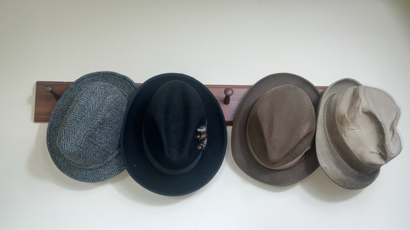 Vintage Hats w/ Wooden Hanging Coat Rack & Circular Mirror
