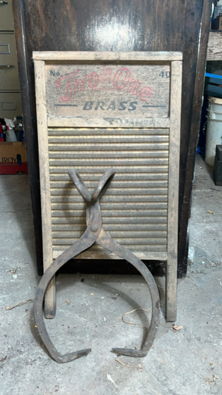 Washboard & cast iron tongs