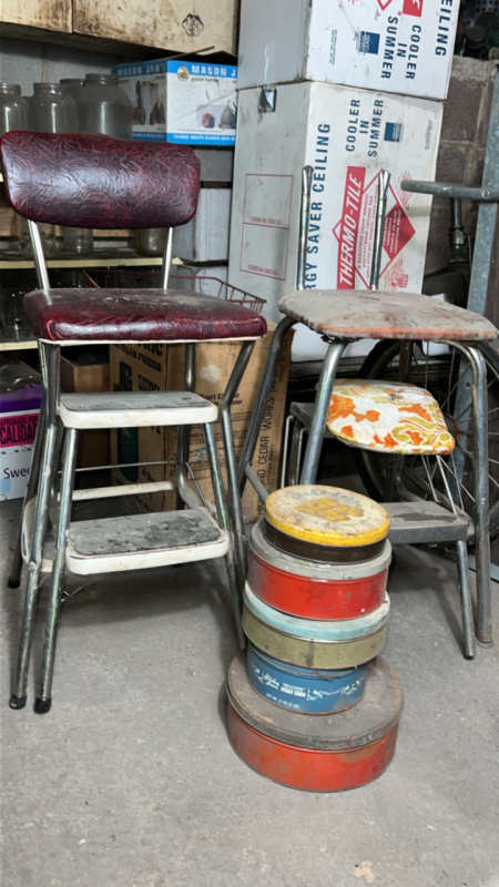 Vintage highchairs & metal tins