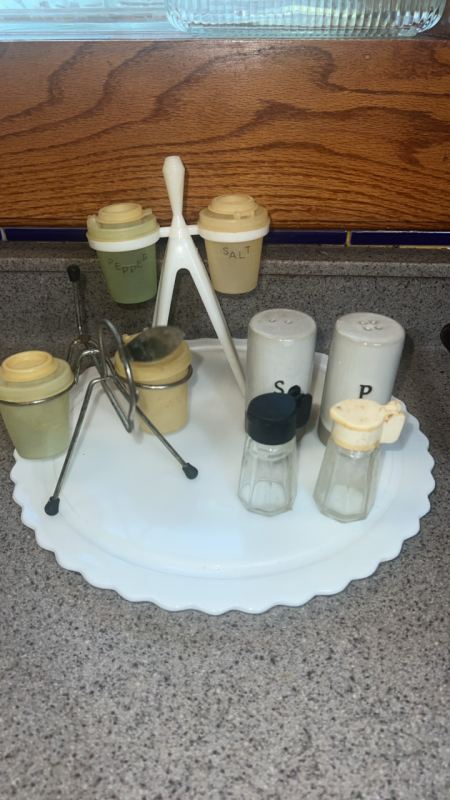Salt & Pepper Shakers & Milk Glass Platter