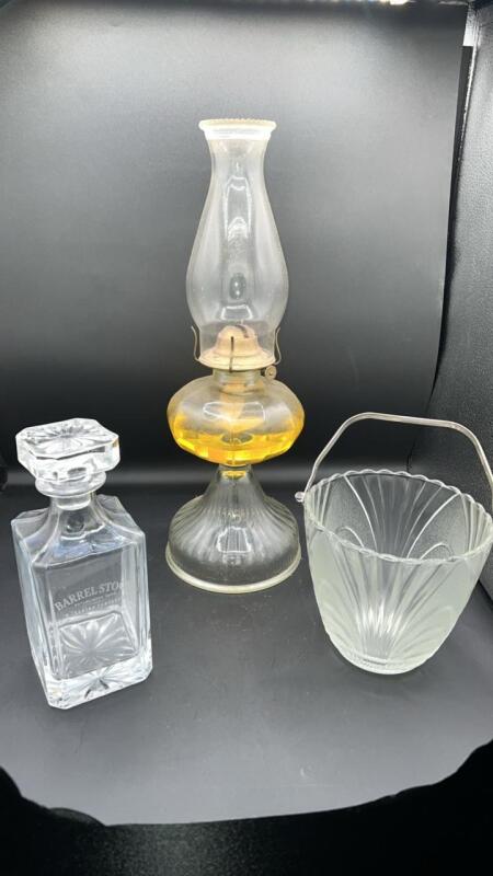 Hurricane Lamp, Liquor Bottle & Ice Bucket