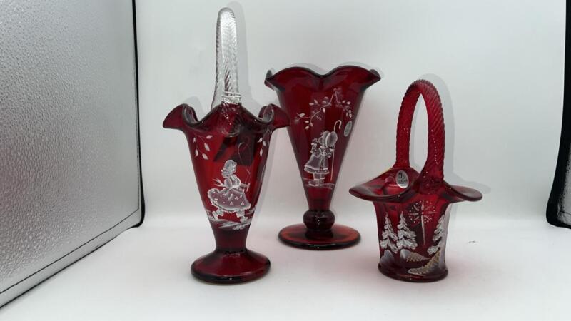 Fenton Mary Gregory Style Ruby Red Glass Hand Baskets & Vase