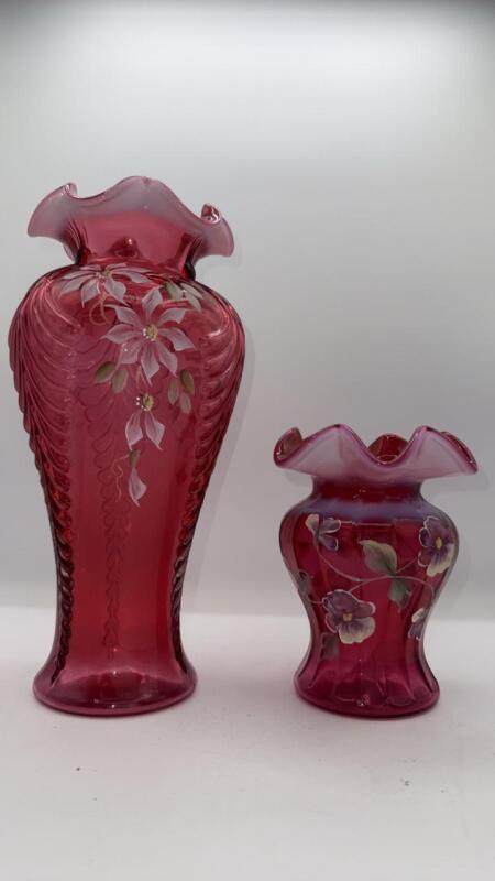 Fenton Cranberry Glass Vase & Feather Vase