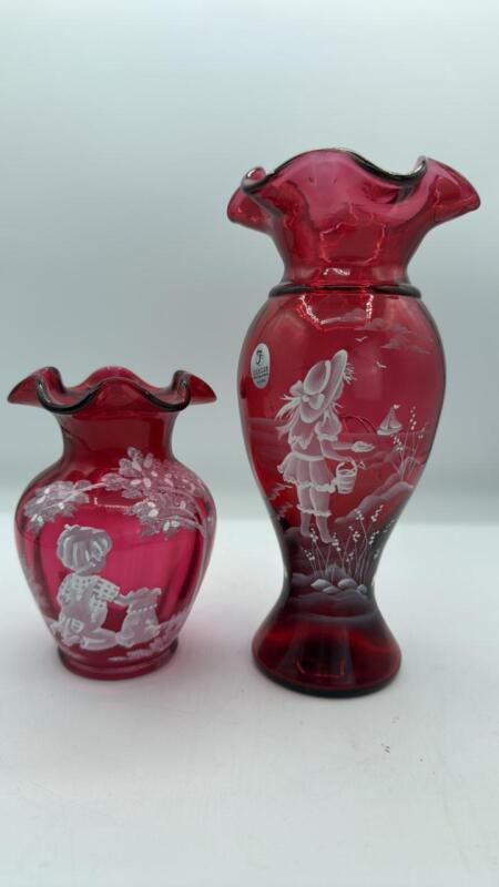 Fenton Mary Gregory Style Cranberry Ruffled Rim Vases (2)