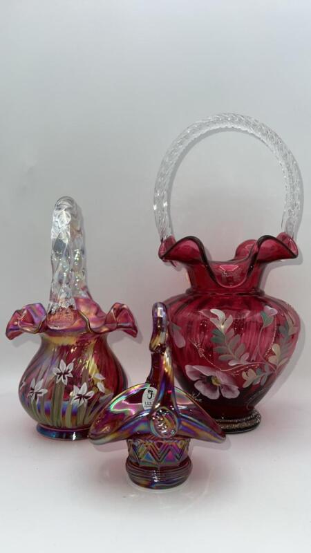 Fenton Cranberry Glass Hand Baskets (3)