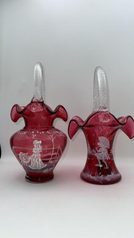 Fenton Mary Gregory Style Cranberry Ruffled Rim Hand Baskets (2)