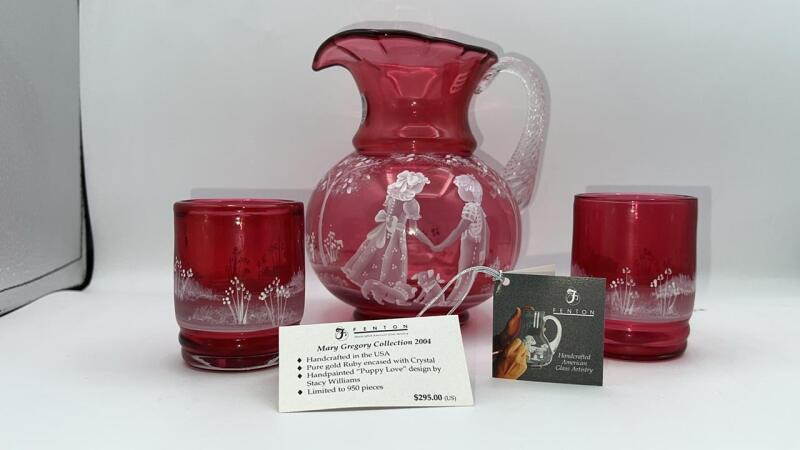 Fenton Mary Gregory Style Cranberry 3-piece Water Set