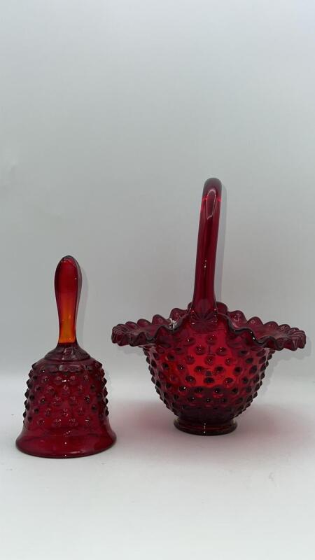Fenton Ruby Red Hobnail Glass Bell & Hand Basket