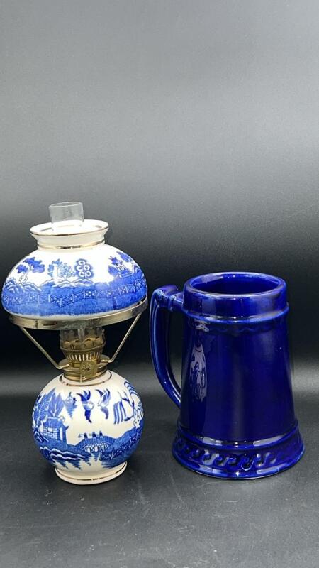 Blue Willow Oil Lamp & Cobalt Blue Ceramic Stein