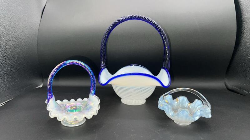 Fenton Cobalt Blue Handled Baskets & Unmarked Blue Opalescent Mini Hand Basket