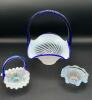 Fenton Cobalt Blue Handled Baskets & Unmarked Blue Opalescent Mini Hand Basket - 30