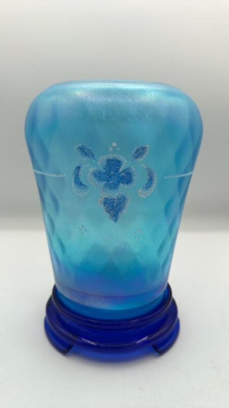 Fenton 90th Anniversary Edition Celeste Blue Stretch Glass Vase w/ Cobalt Blue Vase