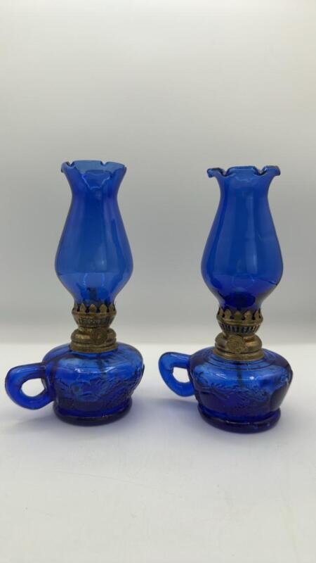 Cobalt Blue Glass Hurricane Oil Lamps (2)