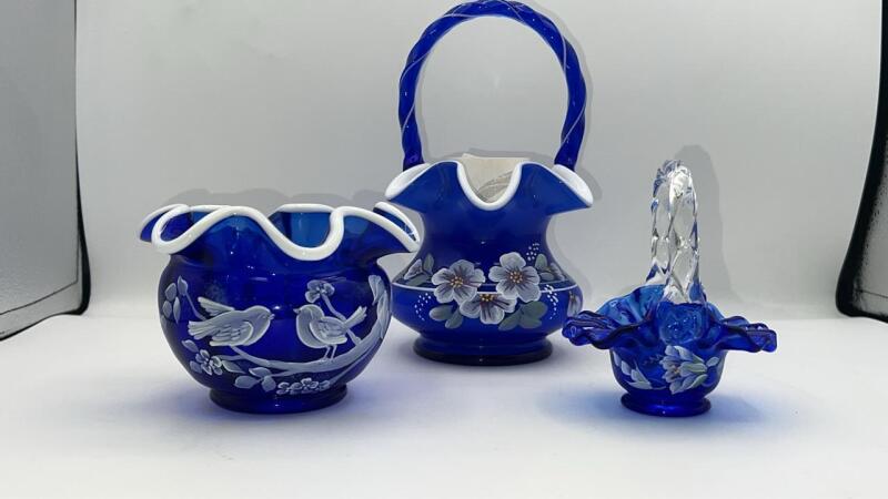 Fenton Cobalt Blue Ruffled Rim Hand Baskets & Ruffled Rim Rose Bowl