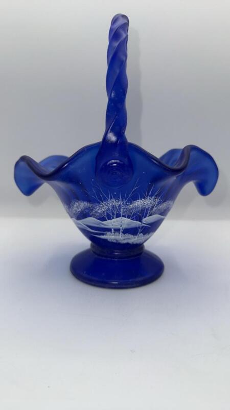 Fenton Cobalt Blue 95th Anniversary Edition Winter Scene Hand Basket