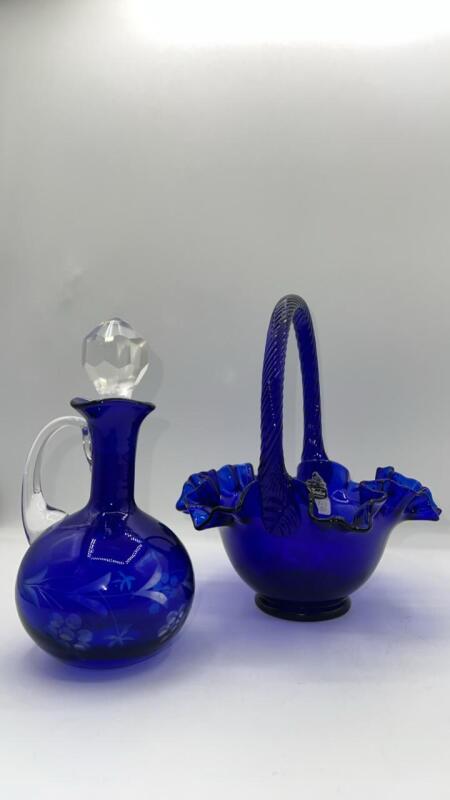 Fenton Cobalt Blue Ruffled Rim Hand Basket & Unmarked Etched Cruet w/ Stopper