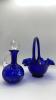 Fenton Cobalt Blue Ruffled Rim Hand Basket & Unmarked Etched Cruet w/ Stopper
