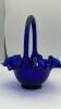 Fenton Cobalt Blue Ruffled Rim Hand Basket & Unmarked Etched Cruet w/ Stopper - 16