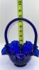 Fenton Cobalt Blue Ruffled Rim Hand Basket & Unmarked Etched Cruet w/ Stopper - 24