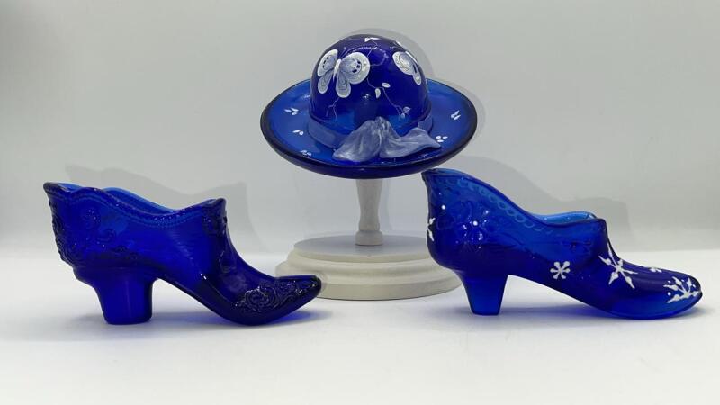 Fenton Cobalt Blue Glass Boot, Hat on Pedestal & Unmarked Glass Slipper
