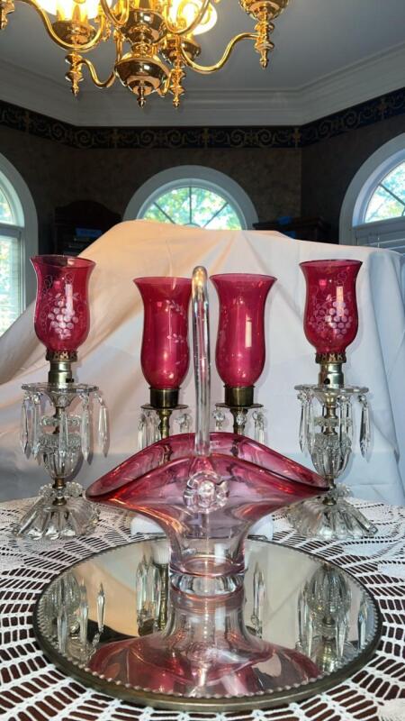 Cranberry Glass Etched Boudoir Lamps, Candlestick Holders & Hand Basket w/ Clear Handle