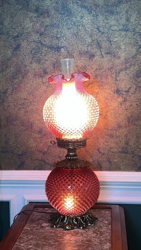 Cranberry Opalescent Hobnail Gone With The Wind Parlor Lamps (2)