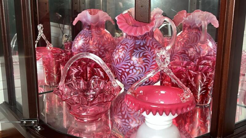 Cranberry Opalescent Daisy & Fern Water Pitcher w/ Glasses (6) & Additional Hand Baskets