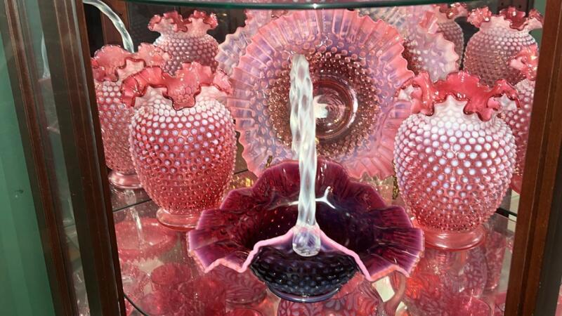 Fenton Plum Opalescent Hand Basket & Cranberry Opalescent Ruffled Edge Vases & Bowl
