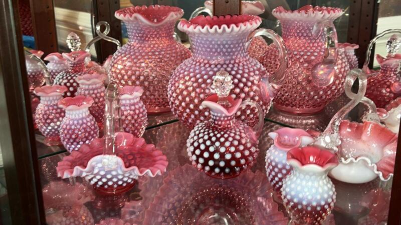 Cranberry Opalescent Hobnail Glass Pitchers, Vases & Hand Baskets